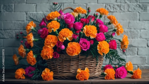 Wallpaper Mural Bright and lovely orange and white carnations in full blossom, arranged in a wicker basket, showcasing natural beauty and floral elegance. Torontodigital.ca