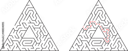 Complex triangular maze illustration with solution path clearly marked in distinct red lines