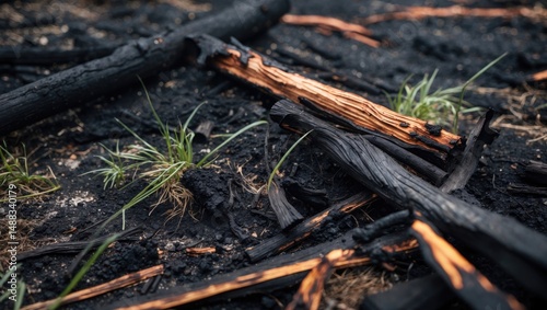 Image of scorched earth and ashes emphasizing natural textures and ecological impact