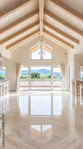 Luxurious villa interior, high ceiling, panoramic view, marble floor, bright daylight