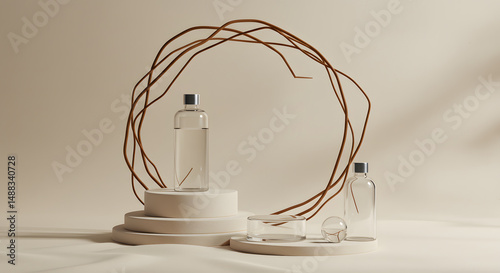 Clear skincare bottles with a natural branch frame