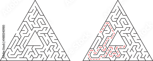Triangle mazes with solution path representing problem solving and finding solutions