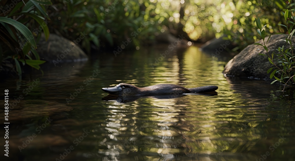 Obraz premium Platypus swimming wildlife photography in natural habitat river stream nature background image animal on transparent background