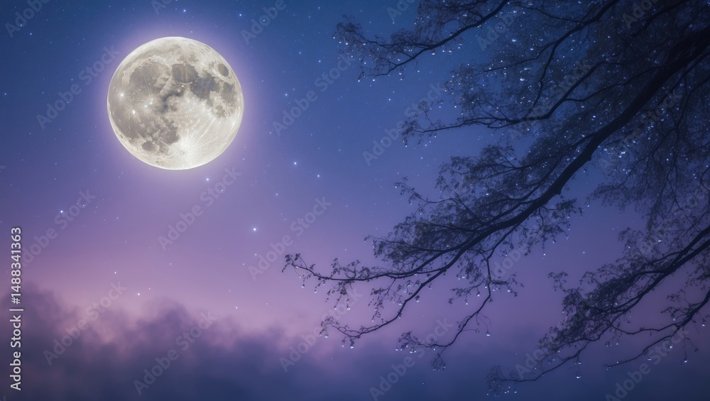 Moon in blue, lavender, and purple with a tree silhouette against a starry sky and autumn rain. Moon in blue, lavender, and purple with a tree silhouette against a starry sky and autumn rain.