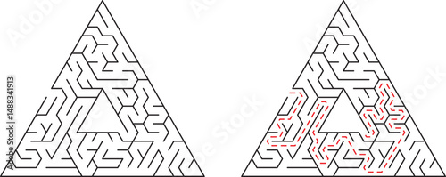 Two triangular mazes one solved representing problem solving and solution finding