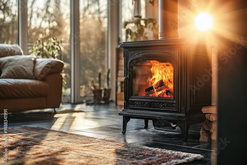 Warm sunlight streams into a living room, illuminating a cozy wood-burning stove with crackling flames