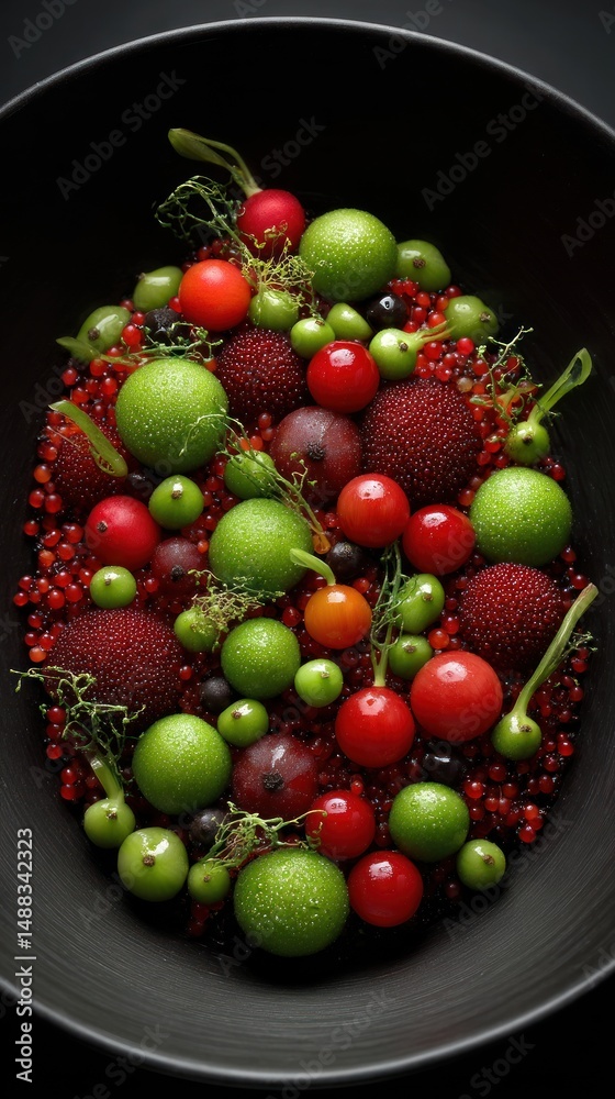 A bowl filled with colorful berries and small fruits on a dark background. A bowl filled with colorful berries and small fruits on a dark background.