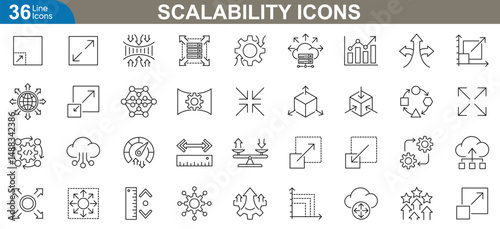 Scalability icons set. Server, cloud, load balancer, network, data growth, performance, storage, system optimization, scalable infrastructure and more. Thin line vector illustration.