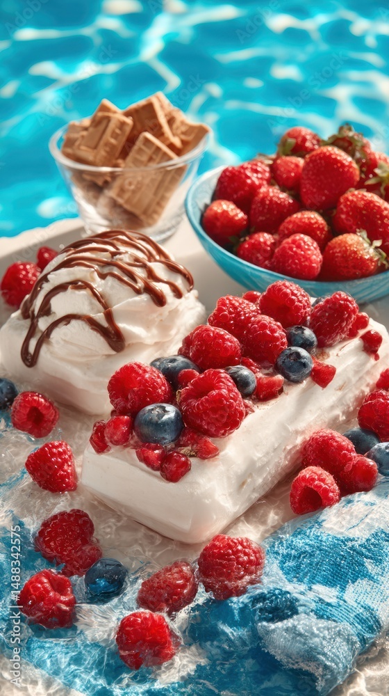 Dessert with berries and nuts on a white surface with a blue background. Dessert with berries and nuts on a white surface with a blue background.