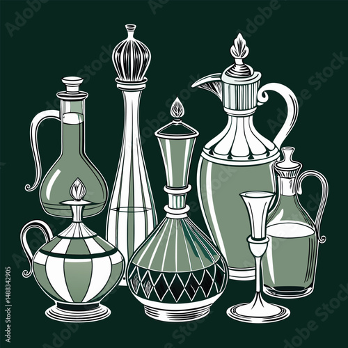 Elegant collection of vector hand-drawn glass decanters showcased in various shapes and sizes 