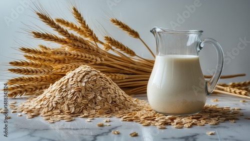 Creamy milk in a pitcher with wheat grains and cereal flakes