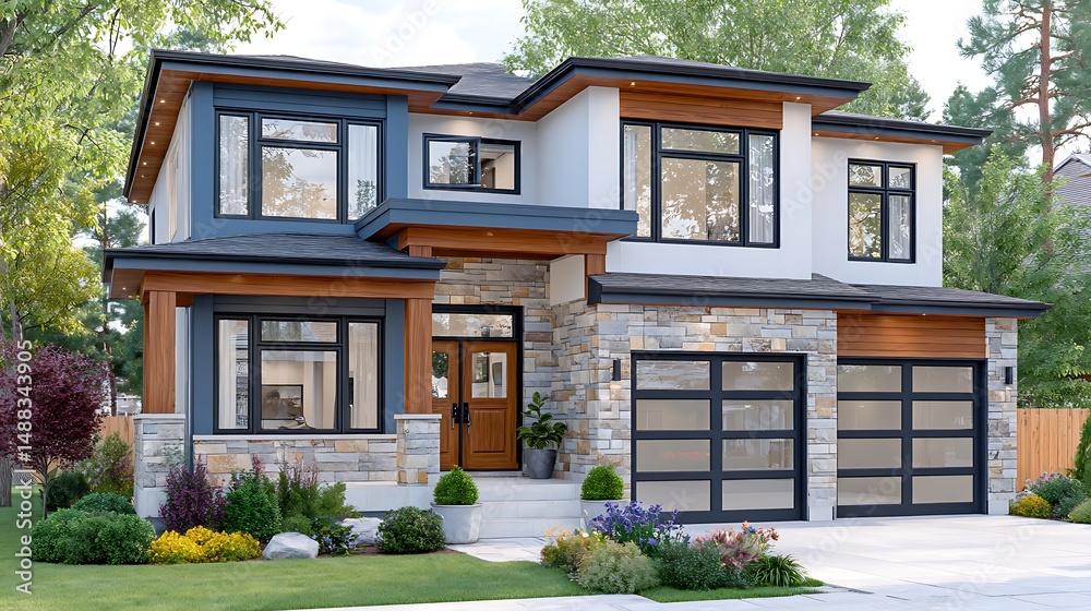 Obraz premium Modern Realistic Watercolor House Facade with Stone Accents and Front View