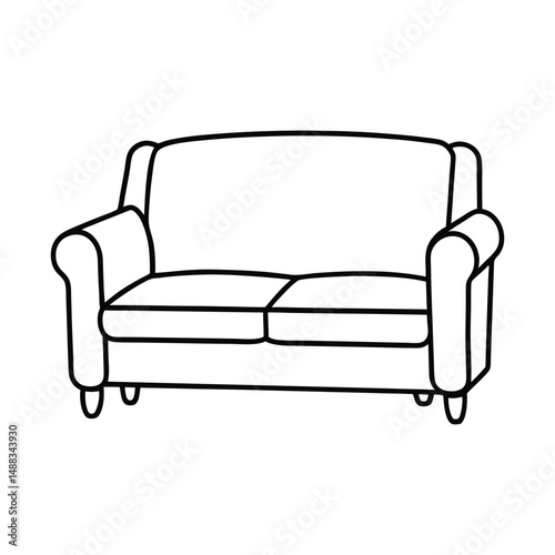 A simple drawing of a couch with two cushions and rounded armrests and short legs