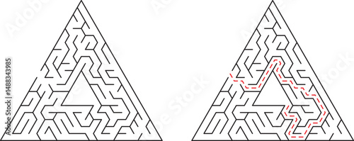 Triangular maze puzzle illustrating path finding and solution with red line marking the correct route