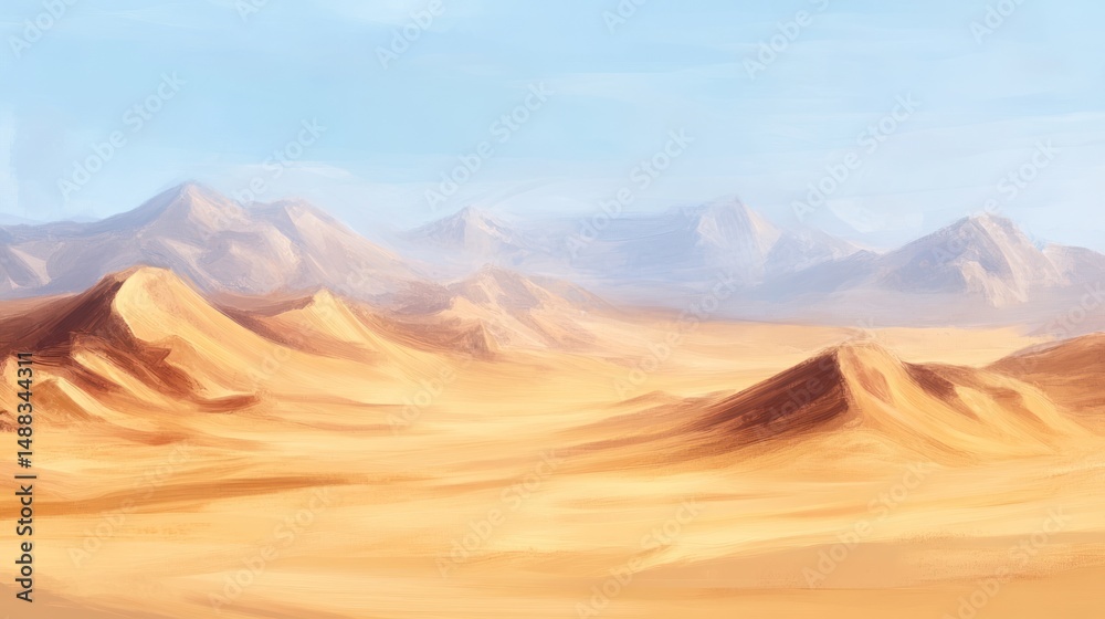 Naklejka premium Serene painted desert landscape with distant mountains and clear blue sky