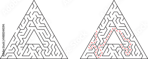 Triangle labyrinth puzzle with solved path illustrating problem solving and solutions