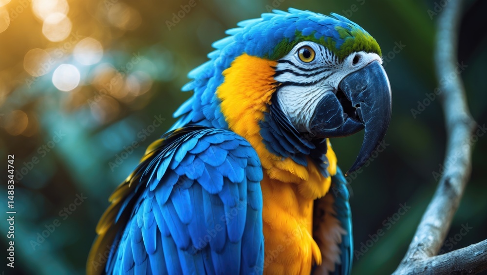 Fototapeta premium Closeup of a blue-and-yellow macaw, exotic avian species