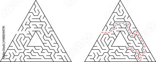 A challenging triangular maze with solution path depicted for problem solving illustration