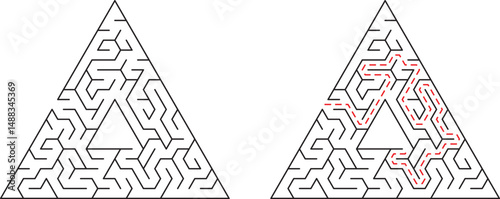 Triangular maze with path finding showing solution and the difficulty of the puzzle