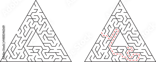 Triangular maze illustration with solution path showing problem solving and puzzle concept