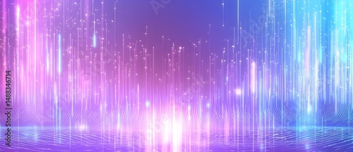 A purple background with palm trees and a blue ocean