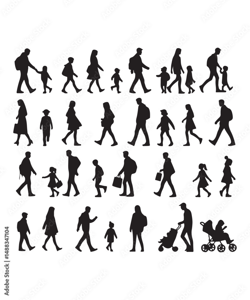 Fototapeta premium Happy family Illustrations Silhouette set. Silhouettes on isolated background.