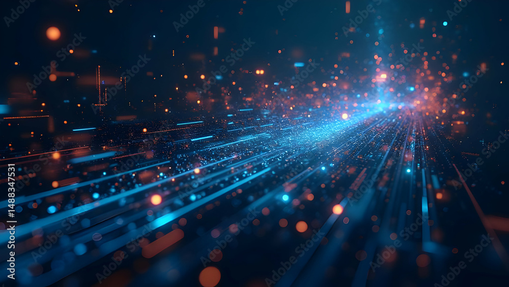 Obraz premium Digital Symphony: A breathtaking digital artwork showcasing a dynamic flow of data, illuminated by vibrant light trails. This image evokes a sense of technological advancement and interconnectedness.