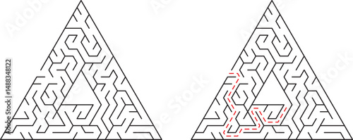 Complex triangular maze puzzle with solution pathway and inner triangle shape