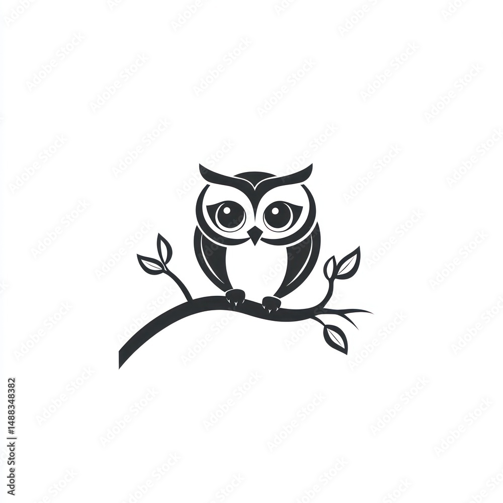 Fototapeta premium Cute owl perched on branch, white background, children's book illustration