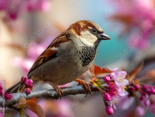 A small bird sitting on a branch of a tree with pink flowers