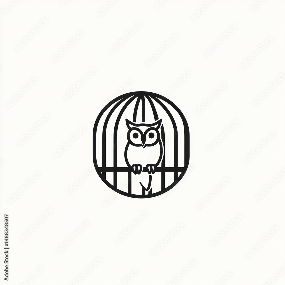 Obraz premium Owl in a cage, perched, circle design, white background, logo design