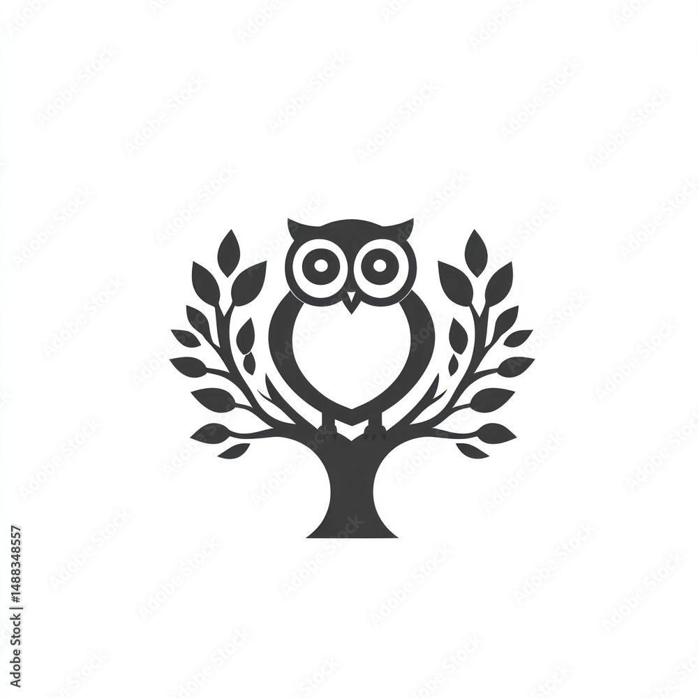 Fototapeta premium Owl perched on tree branch, leaves, nature background, logo design