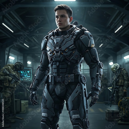 Futuristic soldier in advanced combat armor stands ready for action