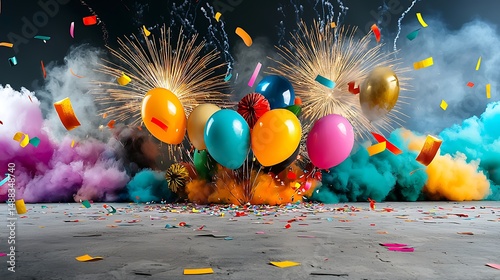 there are many balloons and confetti in the air on the ground
