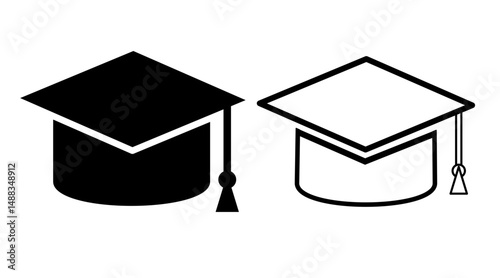  Graduation cap icon. White and black Educational system symbol, student hat line and filled design, graduation symbol for apps and web design.