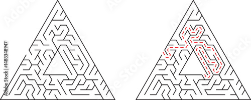 Complex triangular maze with solution showing path for cognitive problem solving concepts