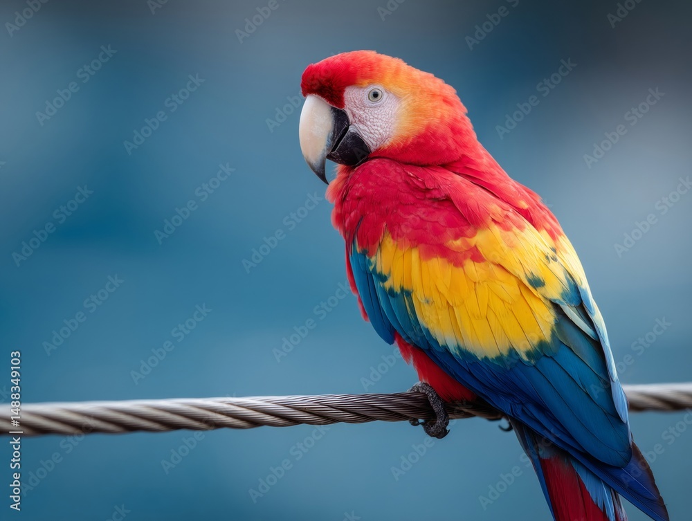 Obraz premium A colorful parrot sitting on a wire with a blue background