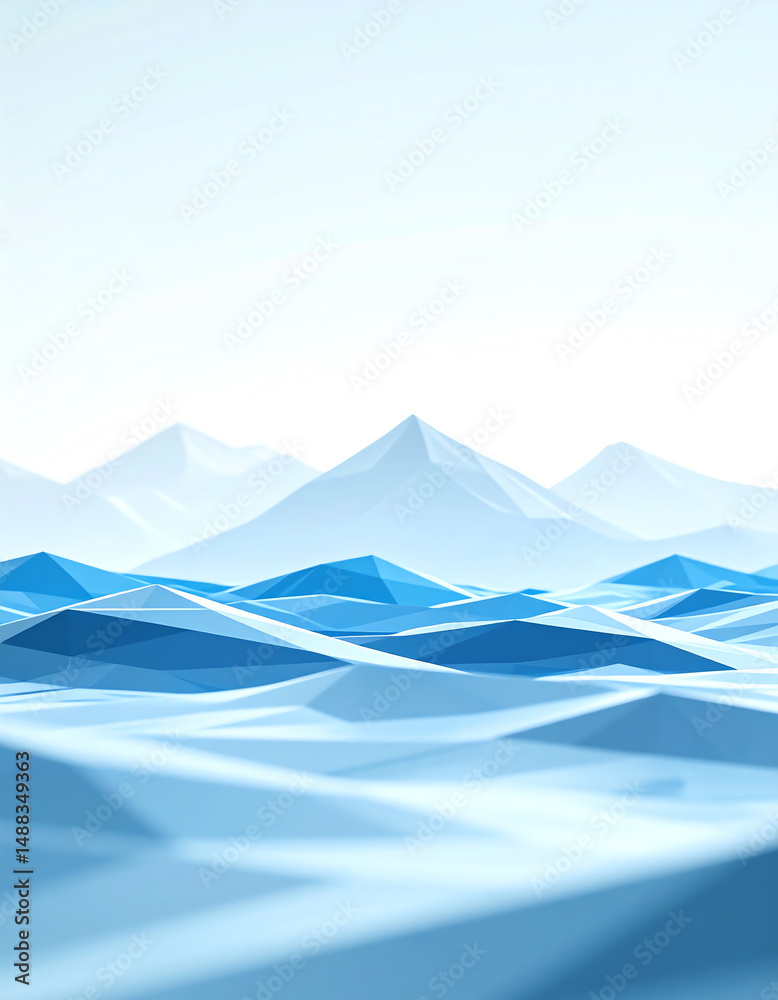 Fototapeta premium Abstract blue landscape with geometric waves and mountains under a clear sky, creating a calm and serene atmosphere