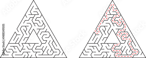 Triangular maze with solved path demonstrating solution and problem solving skills