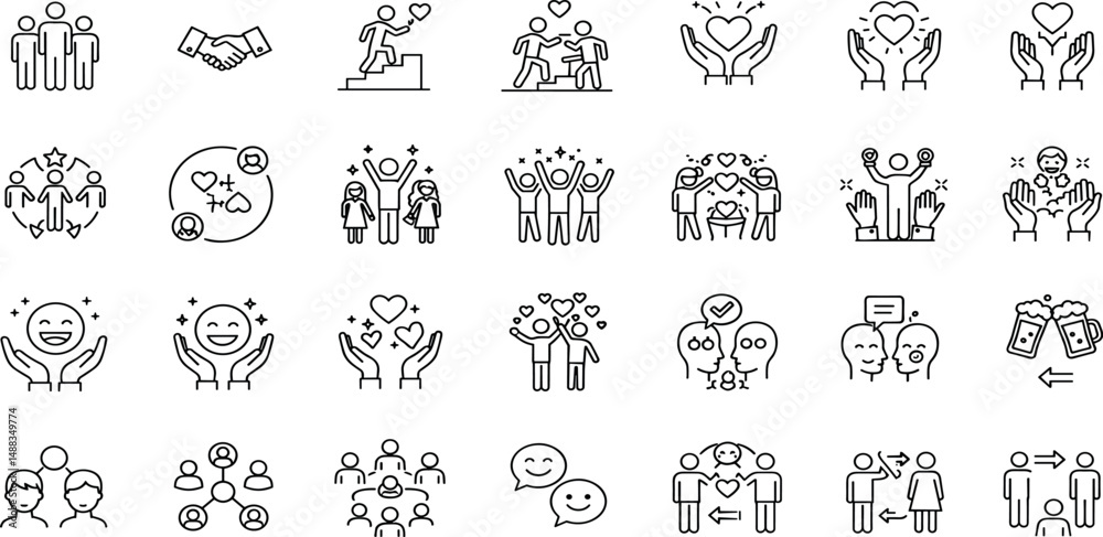 Fototapeta premium Friendship Line Editable Icons set. Vector illustration in modern thin line style of people relationships related icons: support, friends, trust, and more.