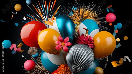 there is a bunch of colorful balloons and confetti on a black background