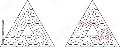 Triangular maze vector illustration with solutions and complex paths for brain games