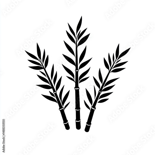 Three bamboo stalks, leaves, white background, nature design, illustration