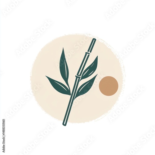 Bamboo stem and leaves, minimalist art, beige background, nature illustration