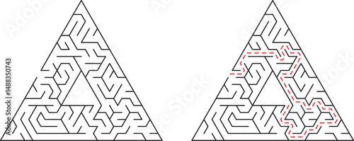 Triangular maze with solution path and challenging puzzle representation isolated on white background