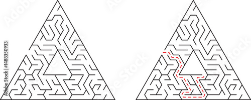 Triangular maze with solution illustrating path finding strategy and problem solving