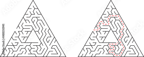 Two triangular mazes one solved illustrating the path of success and navigation strategy