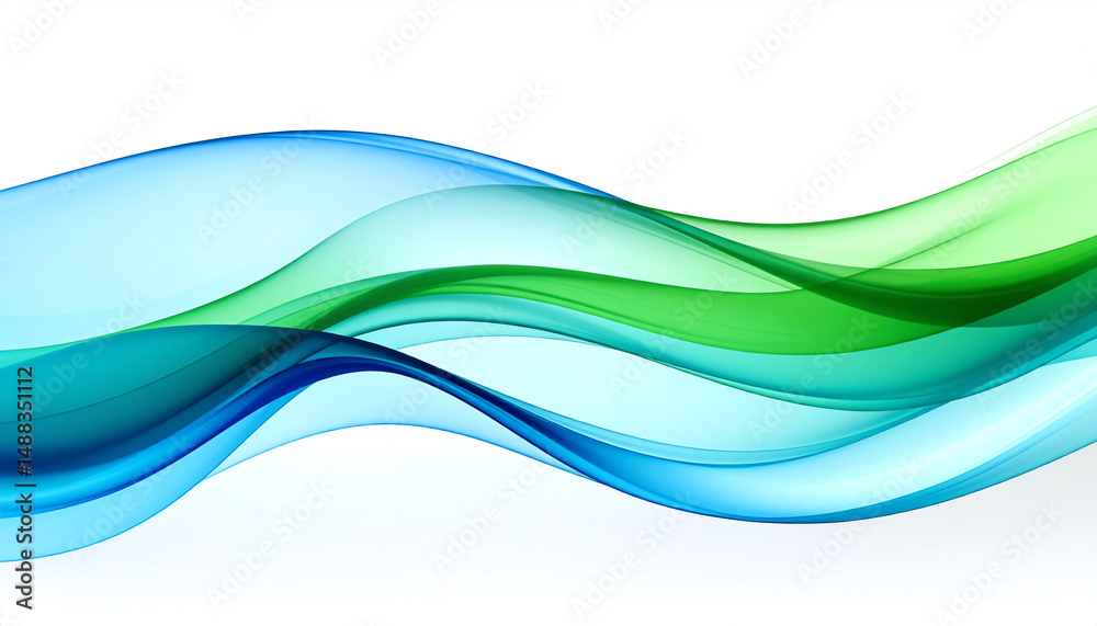 Obraz premium Flowing waves of blue and green create a serene, abstract design, evoking tranquility and movement against a bright white background