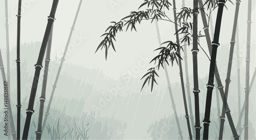 Slender bamboo stalks swaying gently in a light rain, illustrated with thin ink lines and soft washes. Evokes peace and quiet introspection