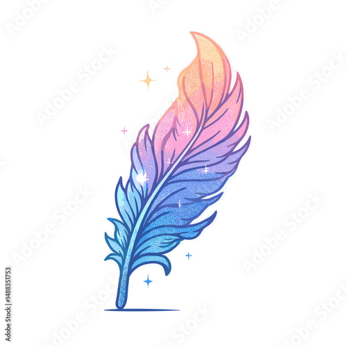Colorful feather illustration with shiny accents and gradient tones  
